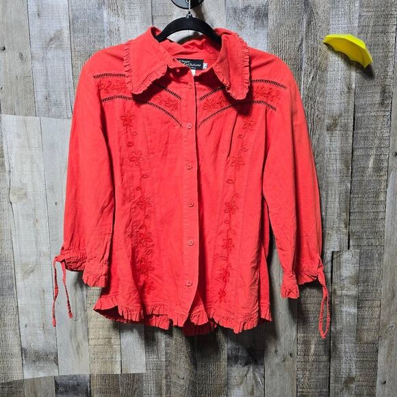 G Designs Natural Fashions Eyelet Embroidered Floral Red Orange Button Down Shir - Picture 1 of 5